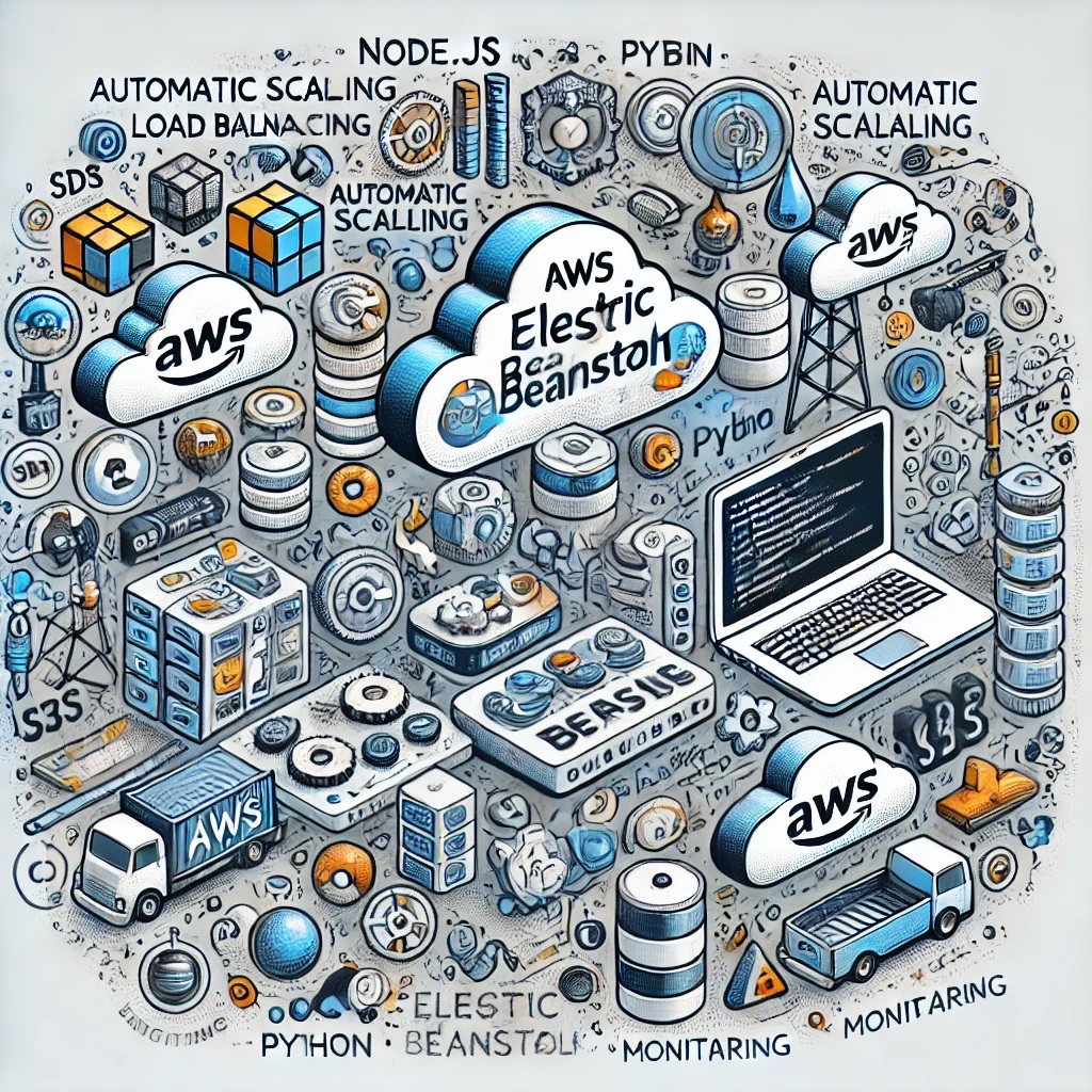 Illustration of AWS Elastic Beanstalk with cloud deployment and automation features.